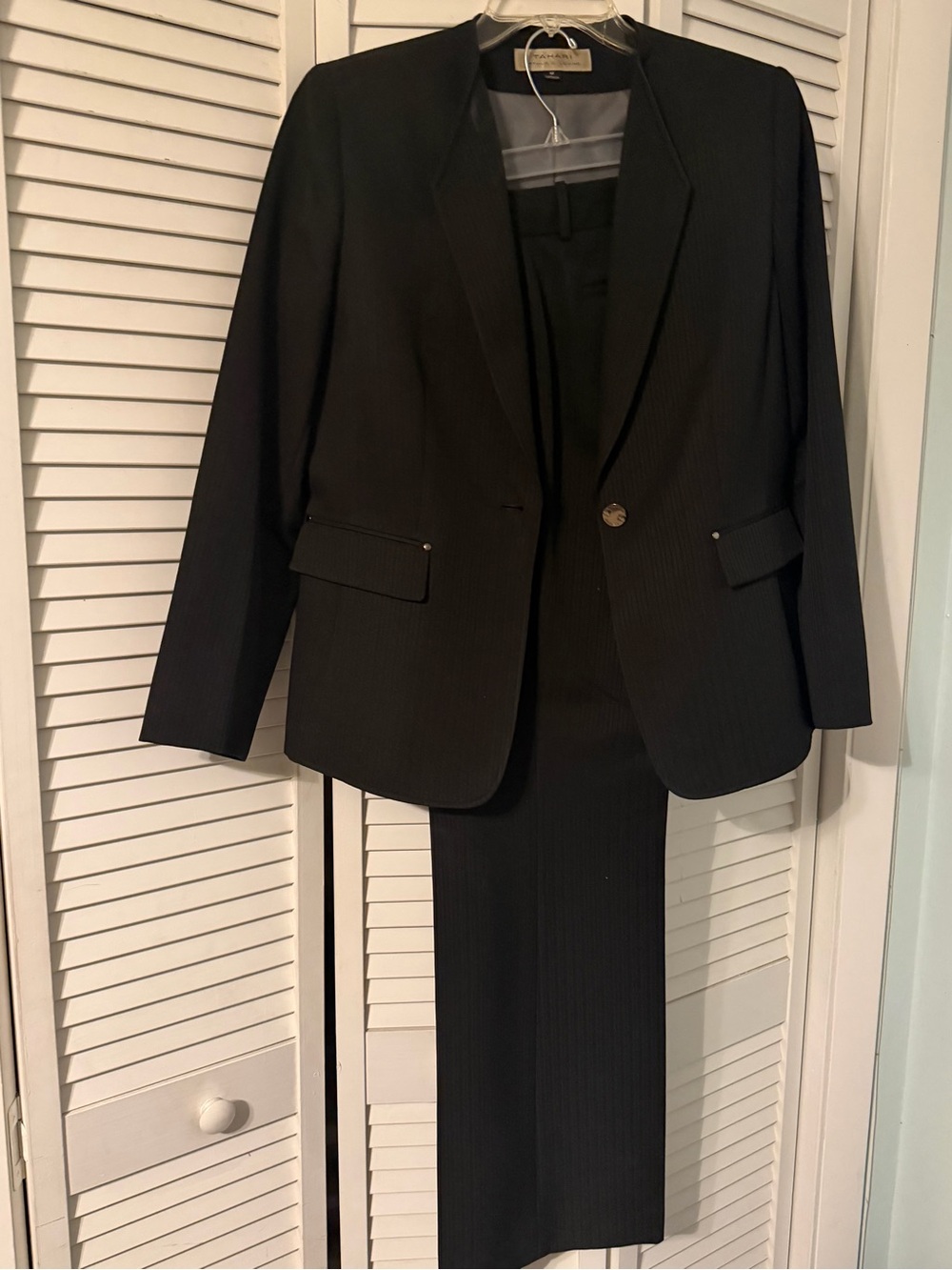 Tahari Classic Women Blazer Pantsuit Set with Subtle Vertical Pin Stripes